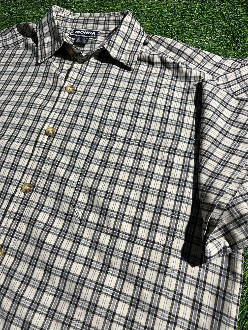 Monba Men’s Beige and Black Plaid Button-Up Shirt